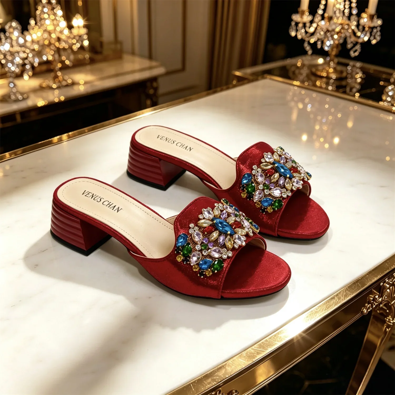 Olivgrüne Strass-Sandalen mit passender Tasche, Damen-Pantoletten mit Blockabsatz, bunte Kristall-Pantoletten, Clutch-Tasche für Hochzeiten – Detail 21