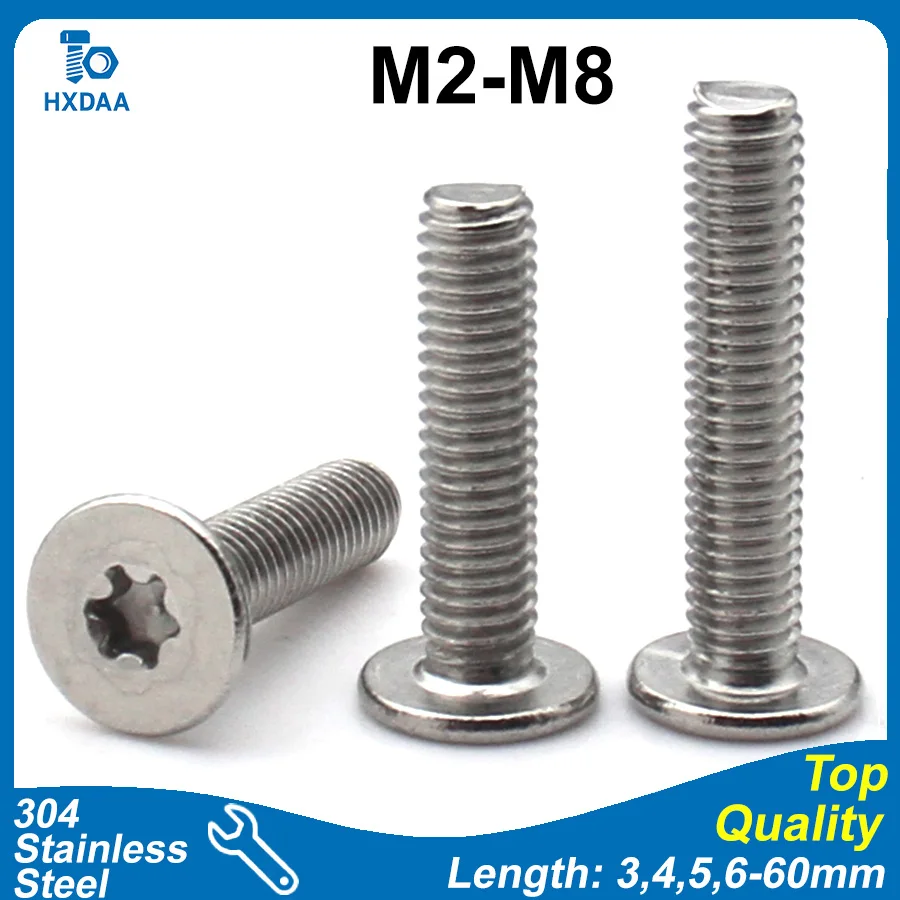 10-50 Stück 304 Edelstahl Sechskant-Torx-Flachkopfschrauben mit Niedrigprofil und Großem Kopf, Dünnes Design M2 M2.5 M3 M4 M5 M6 M8
