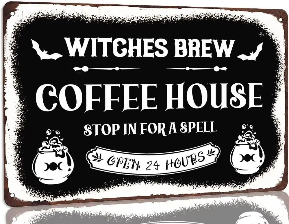 Coffee Shop Metal Sign Witches Brew Coffee House Stop In for A Spell Tin Sign Halloween Wall Decoration Sign for Home Cafe Kitch