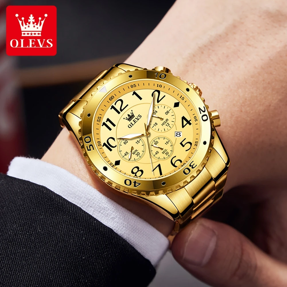 OLEVS 48mm Large Dial Golden Stainless Steel Quartz Watches for Men Luxury Brand Chronograph Auto Date Waterproof Man Wristwatch