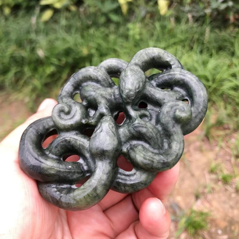 Natural Serpentine Double Snake Figurine Intertwined Snake Statue Hollow‑out Crystal AnimalSculpture Home Altar Decor Gift