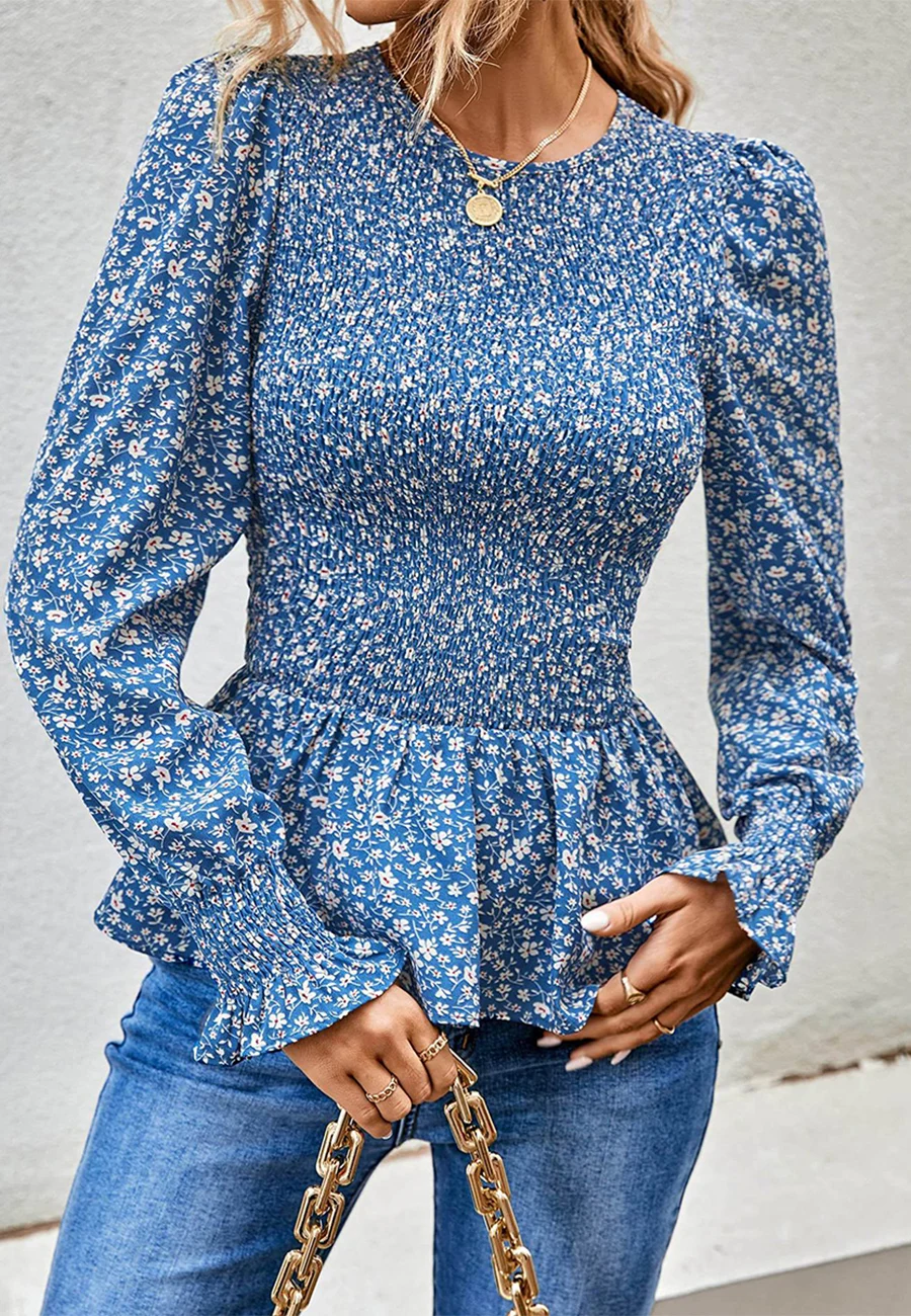 Blusa de manga larga para mujer, Top fruncido con estampado de Peplum, cuello redondo, abertura en forma de cerradura, corpiño fruncido en la espalda