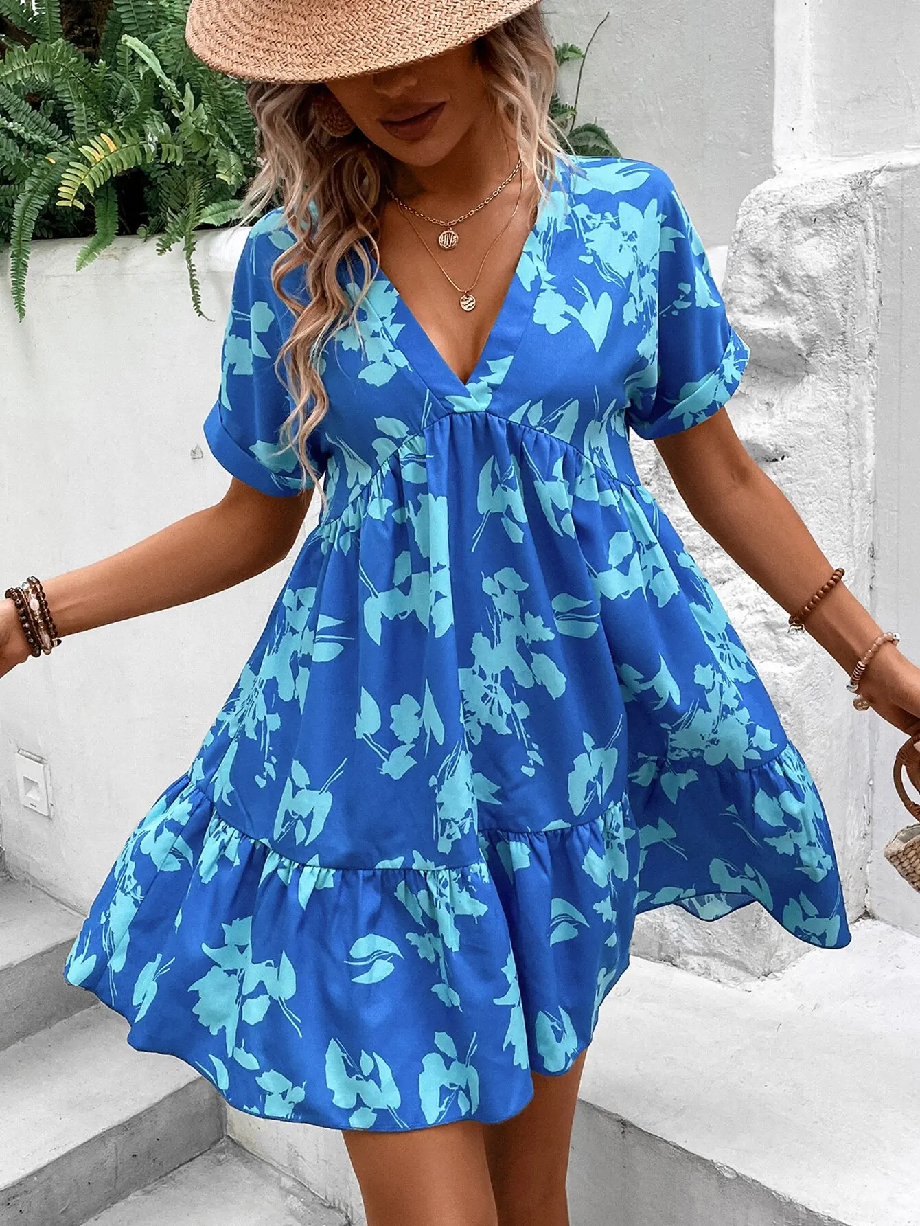 

Blue Floral Print V-Neck Ruffle Hem Smock Dress with Batwing Sleeves