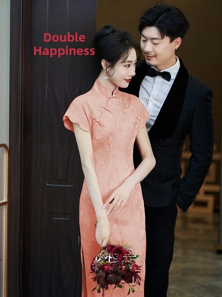 

Pink Wedding Dress New Chinese Style Women's Dress Short Sleeve Mid-Length Bodycon for Wedding Celebration Performance