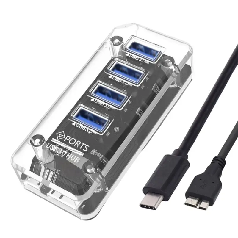 New--USB C HUB 3.0 Transparent Hub Splitter For Mobile Phones PC Laptops Tablet Computers Data Transmission Charging