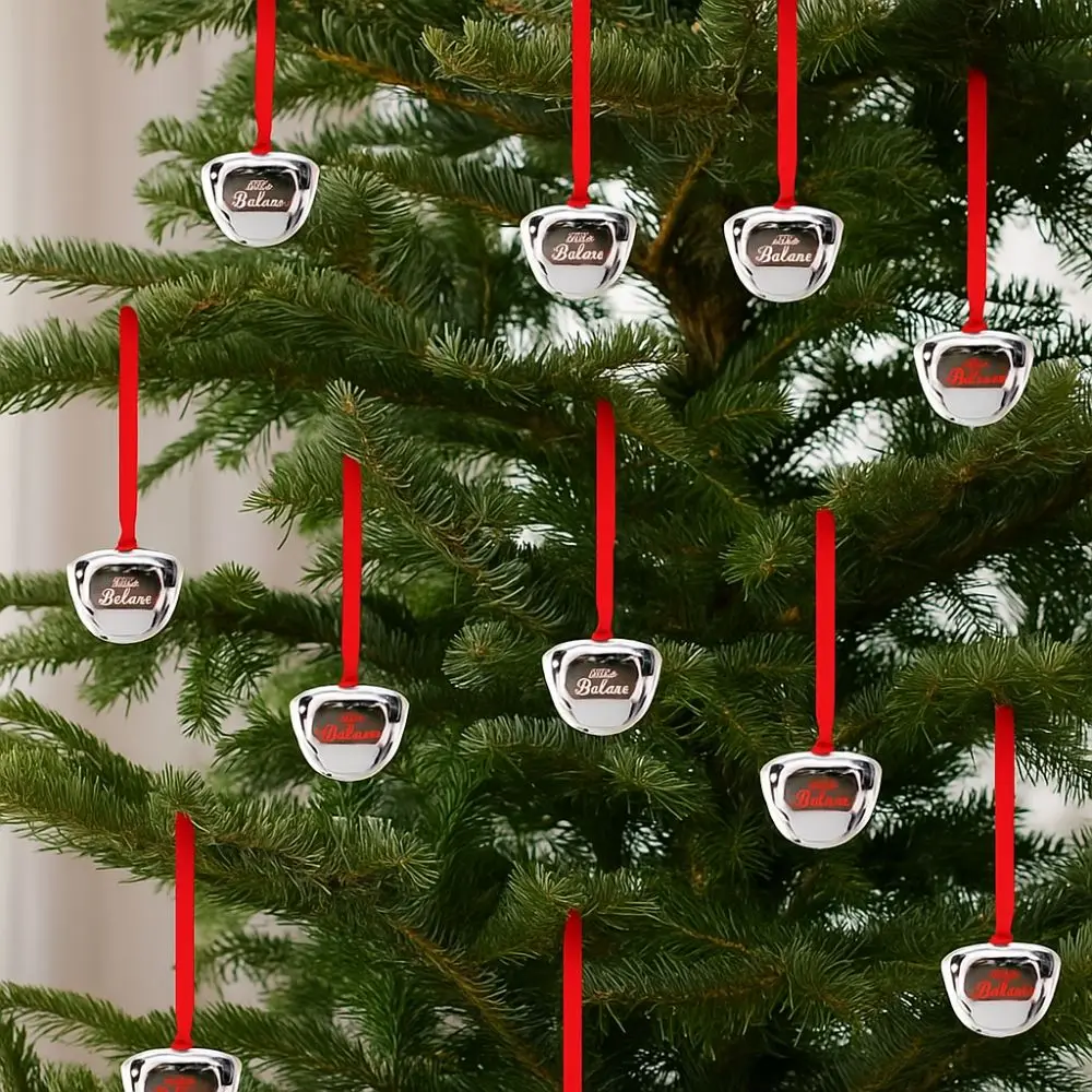 Campanas colgantes de Navidad con cinta roja, 5 uds., letras de Metal, campanas plateadas para árbol de Navidad, adorno de árbol de Navidad con apertura cruzada hecha a mano