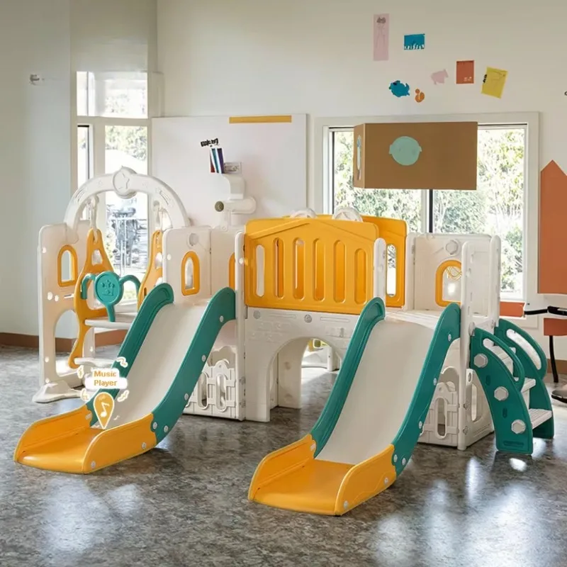 Kids Indoor Multifunctional PE Amusement Park Slide with Basketball Hoop Telescope Storage Game