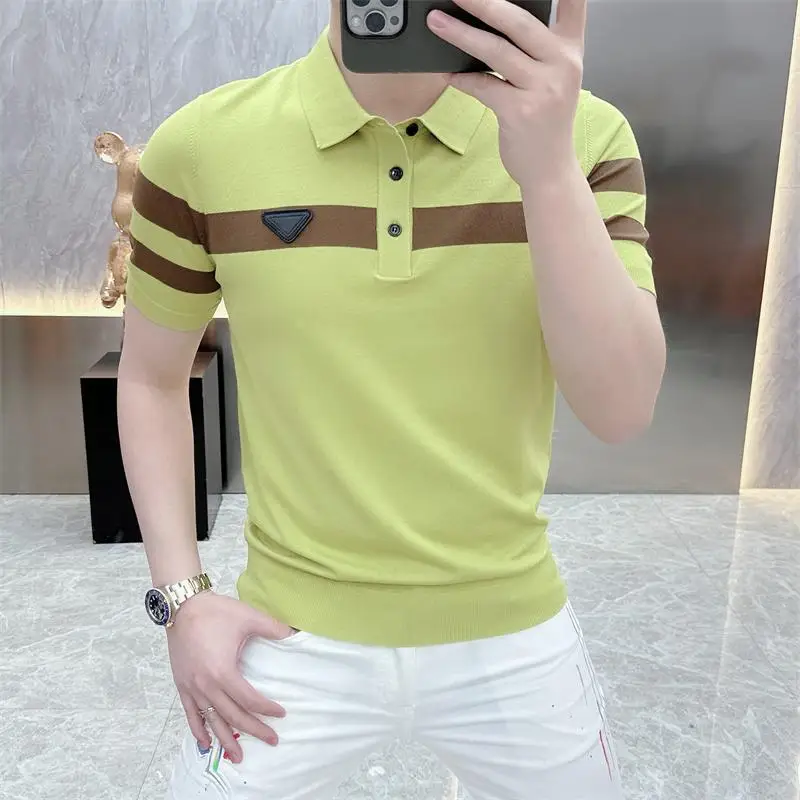 2024 Summer New Pattern Stripe Contrast Color Slim Handsome Youth Stylish All-match Lapel Short Sleeve Pullovers Tees Polo Shirt