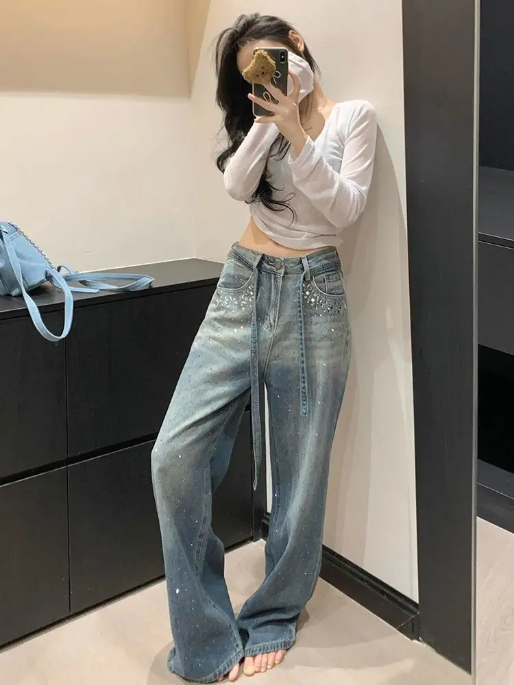 Jean Vintage dégradé diamants Y2k pour femmes, taille haute, Baggy, pantalon en Denim Harajuku, Grunge, Streetwear, pantalon rétro américain