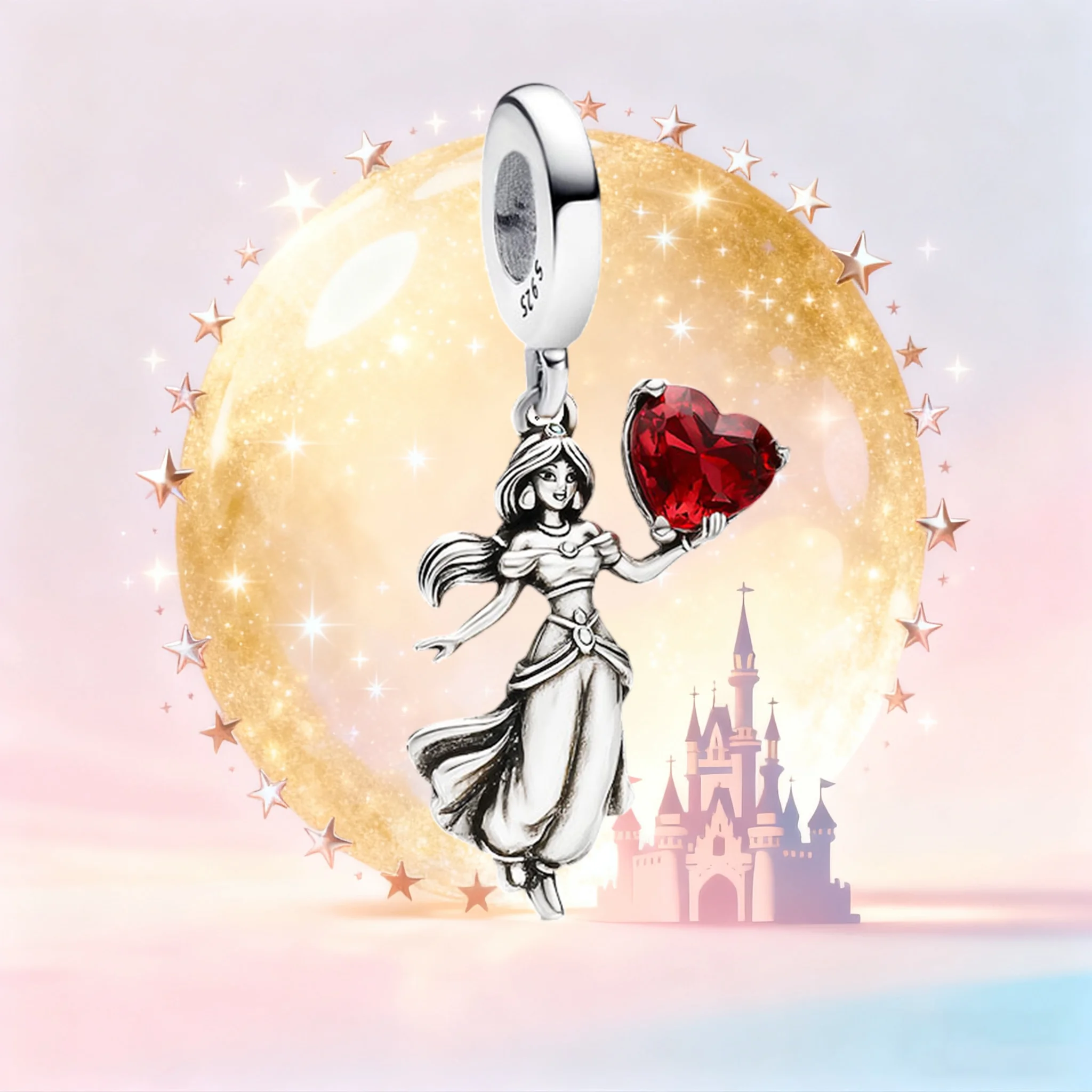 

S925 Silver Disney Princess Jasmine Charm, Aladdin Series Dangle Bead with Red Heart Crystal,, Jewelry Gifts for Women