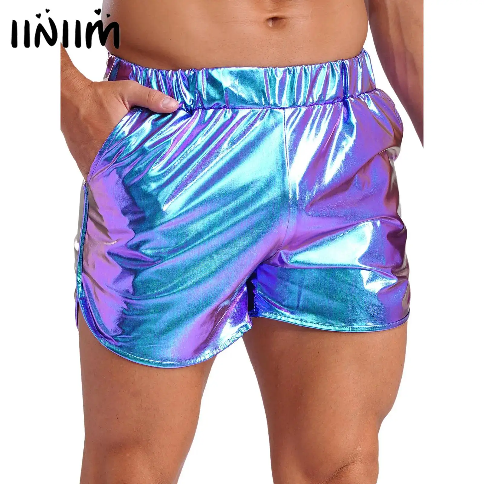

Mens Metallic Shiny Rave Booty Shorts Elastic Waist Side Pockets Slim Fit Shorts Hot Pants Bodybuilding Nightclub Yoga Fitness