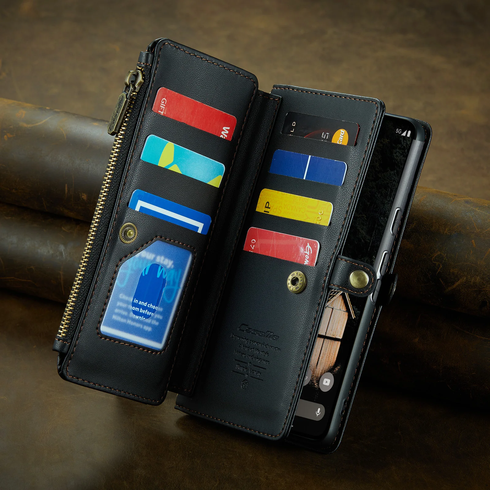 

CaseMe-C36 For Google Pixel 7 8 Pro 9 10 Pro XL 7A 9A Zipper Multi Cards w/Pen Slot Magnetic PU Leather Wallet Case Cover +Strap