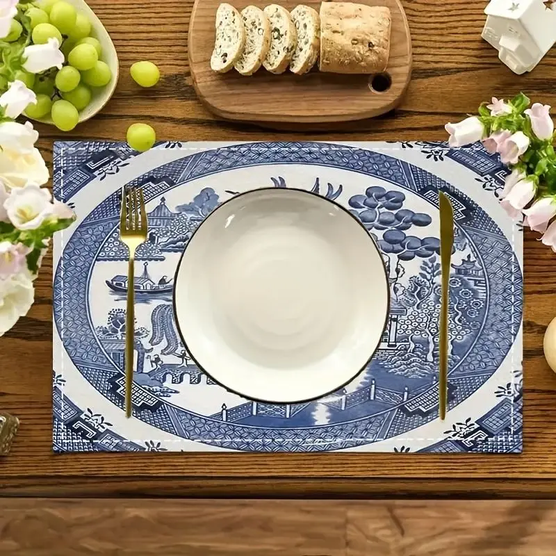 VIKAMA Blue And White Porcelain Placemat Traditional Oriental Landscape Print Easy to clean For Dining Room Kitchen Home Decor