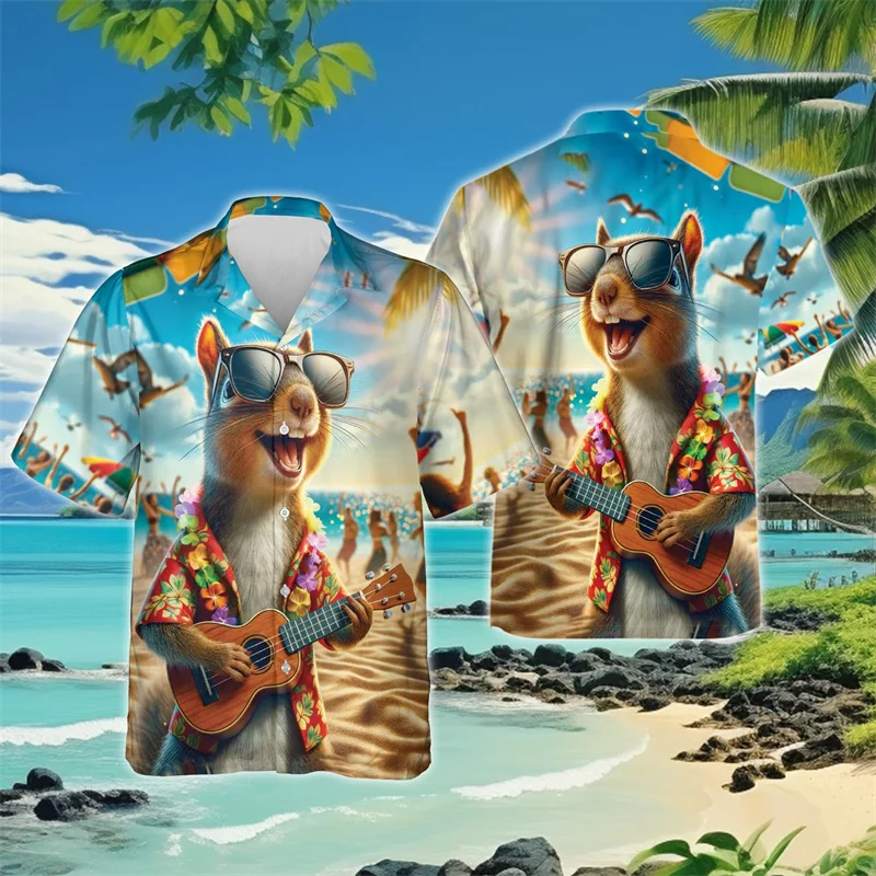 Hawaiian Cute Squirrel Graphic Beach Shirts For Men Clothes Casual Cartoon Animal Blouses Funny Kawaii Short Sleeve Aloha Tops