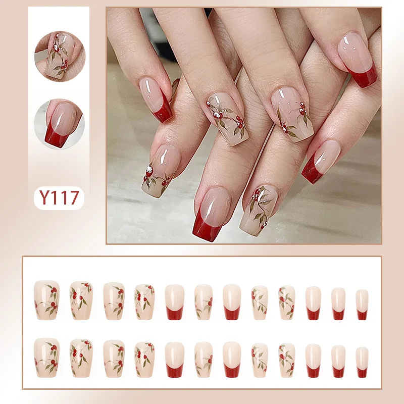 24Pcs New Chinese Style Red Bean False Nails with Glue Designs Adhesive Press on Nails Reusable False Nails Acrylic Nail Medium