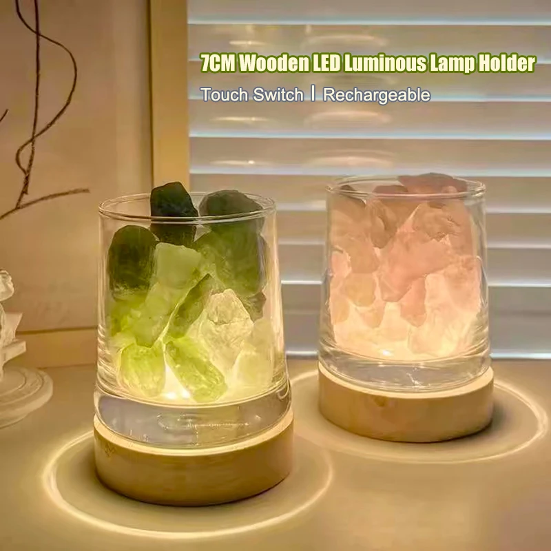 7CM Creative DIY Wooden Luminous Lamp Holder Touch Switch Rechargeable LED Light Dispaly Base Crystal Glass Resin Art Ornament