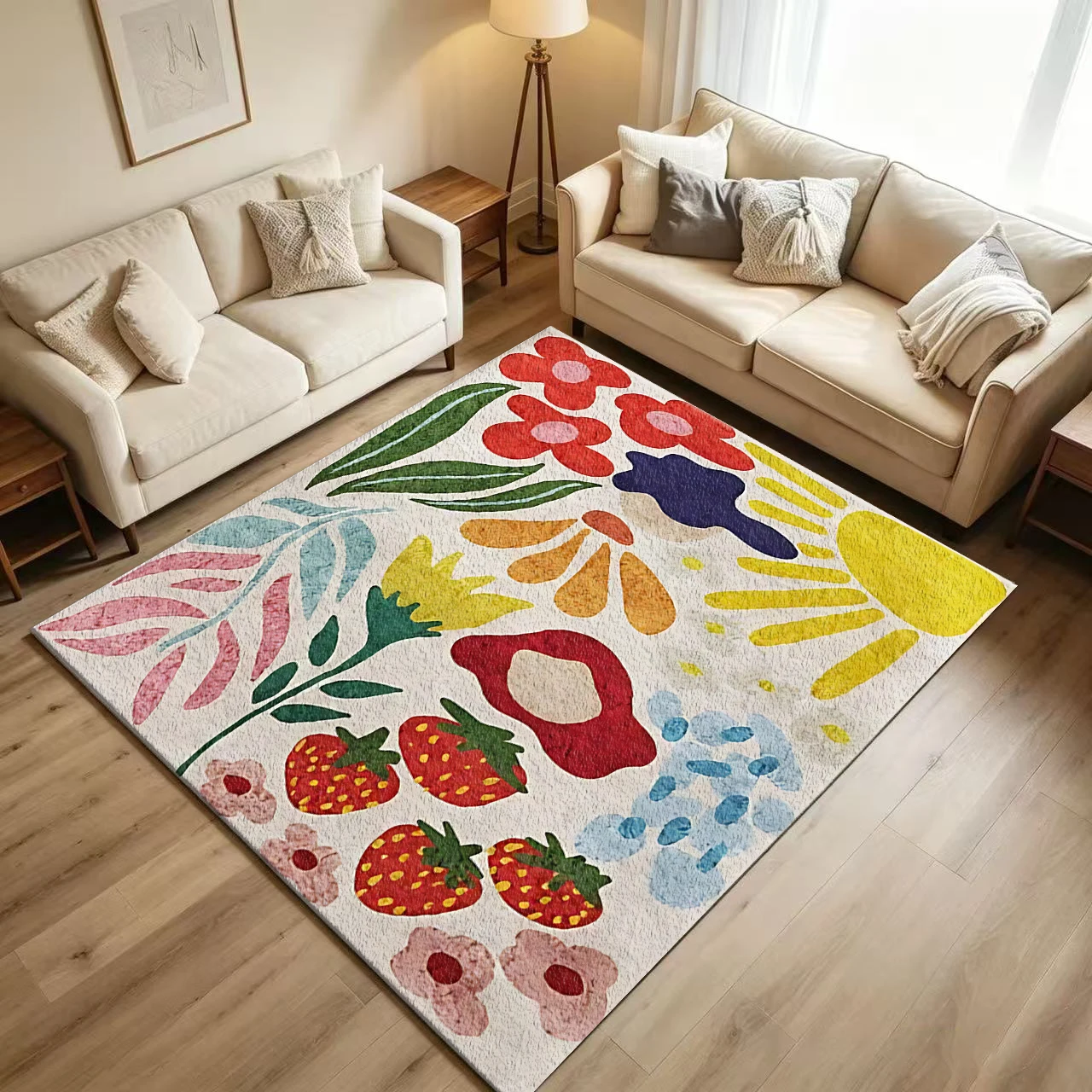 Abstract Strawberry Floral Fruit Art Carpet, Non-Slip and Washable Floor Rug Suitable for Bedroom, Beautiful Home Decoration
