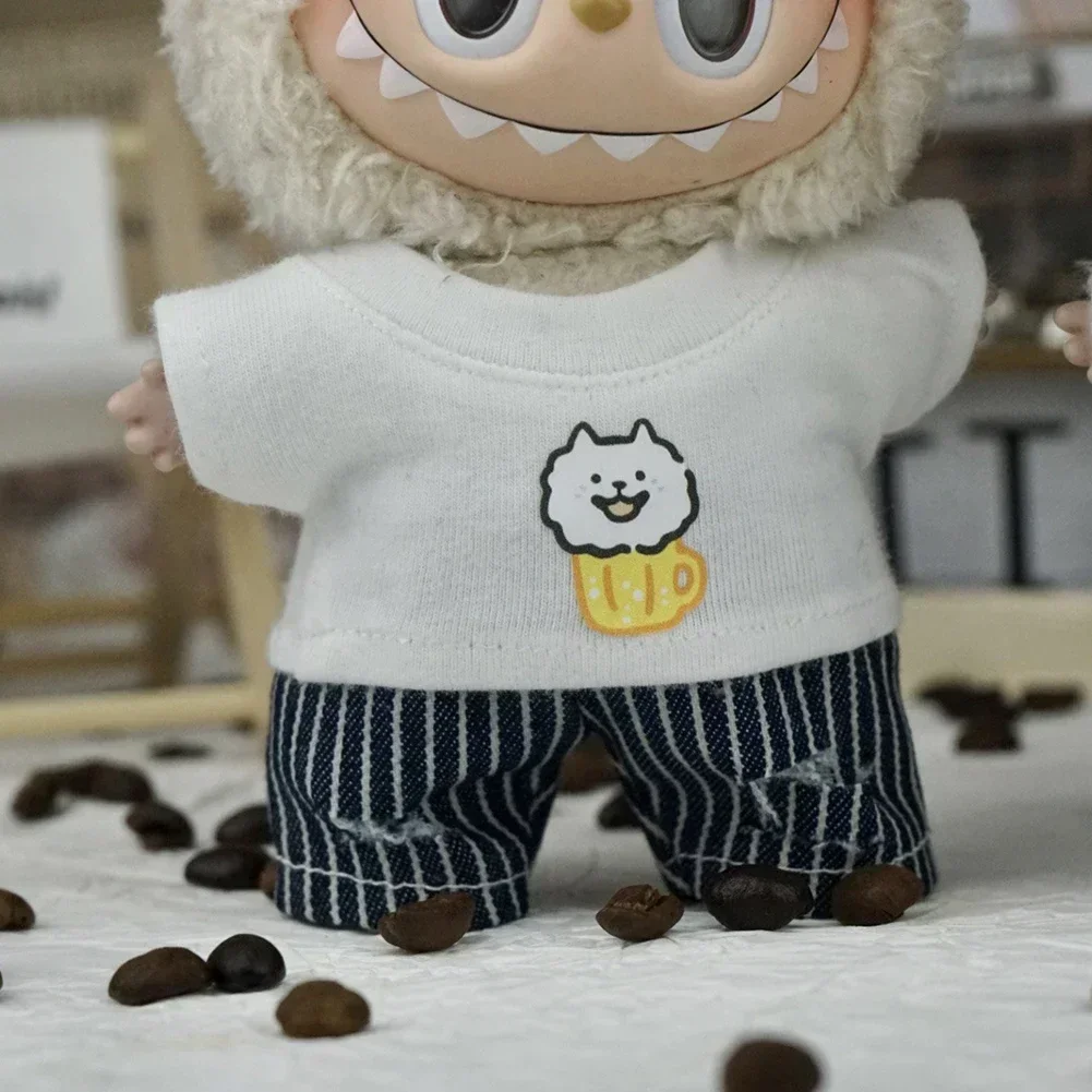 Bonito estilo japonês xadrez camisa jaqueta conjunto mini roupas de boneca de pelúcia acessórios para 17cm labubu ii bonecas roupas presente