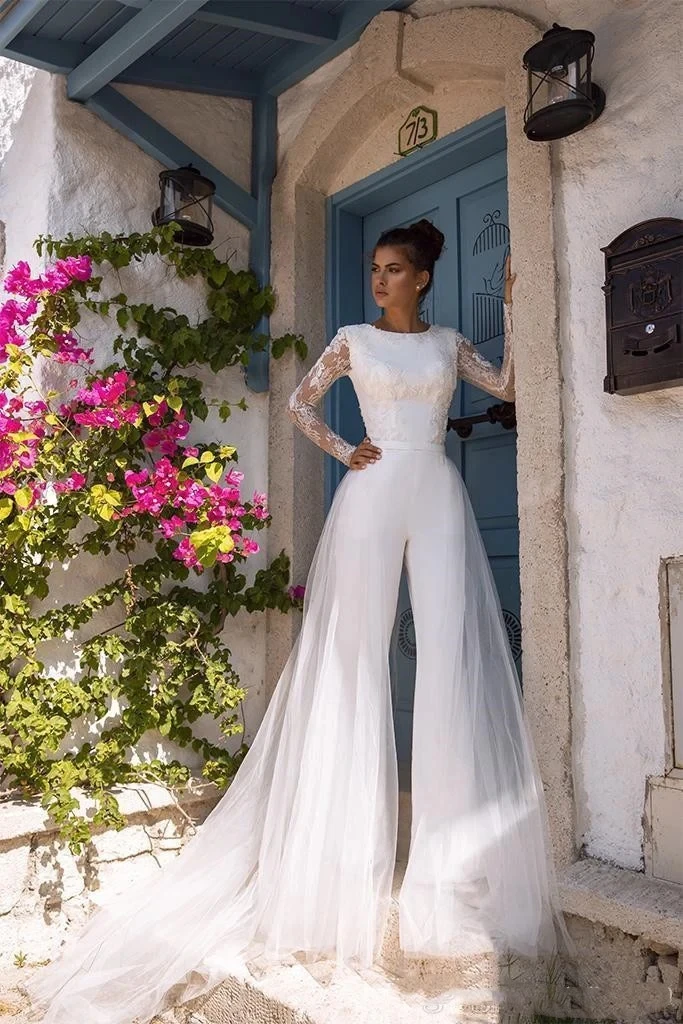 Macacão De Casamento A Linha, Mangas Compridas, Vestido De Tule Boho, Vestidos De Noiva, Vestido De Noiva