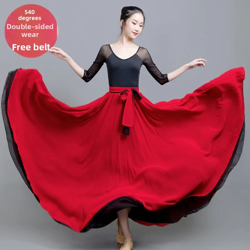 

2025 New Spring Summer Reversible Women's Skirt - 8-Meter Flared Chiffon Maxi Skirt-Two-Tone Flowy Dance Half Skirt with Draping