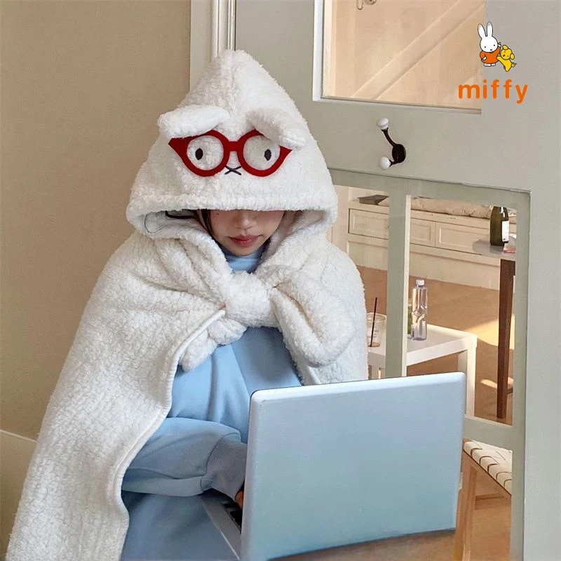 Uroczy płaszcz Miffy, kreskówkowy, ciepły, noszony jako koc z kapturem, idealny do akademika, chroniący przed zimnem, akcesoria anime, idealny prezent urodzinowy dla dziewczyny.