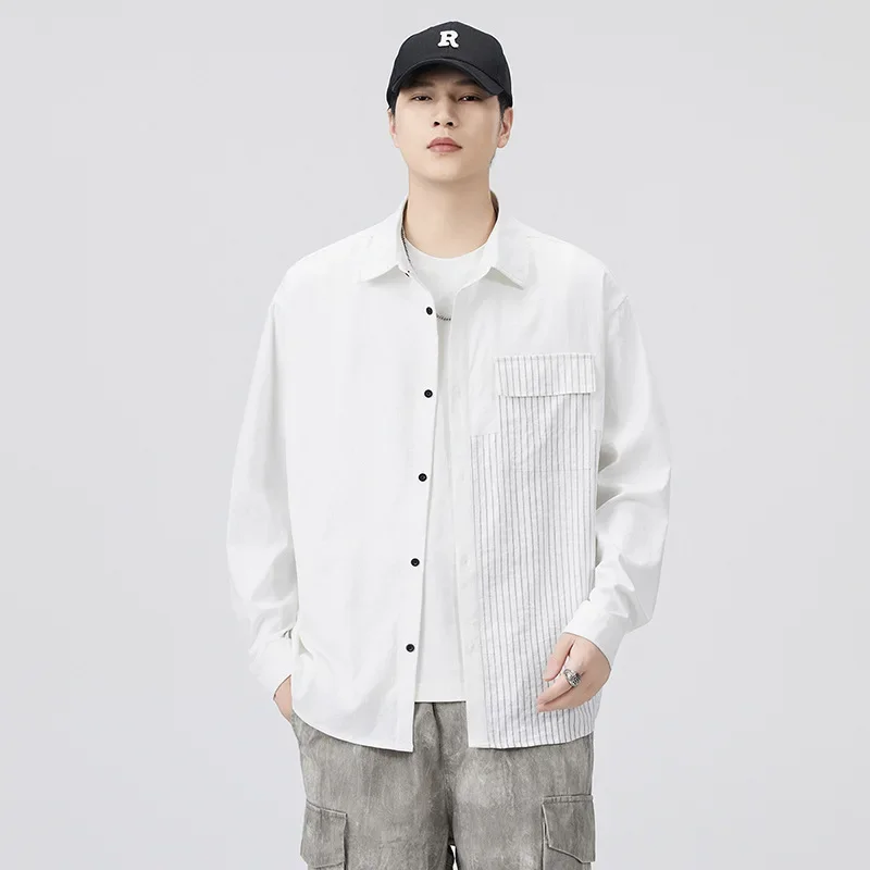 Pop New Men's Patchwork Color-Block Shirt High-Street Fine-Stripe Design Shirt Men's Loose-Fit Versatile Casual Long-Sleeve Shir
