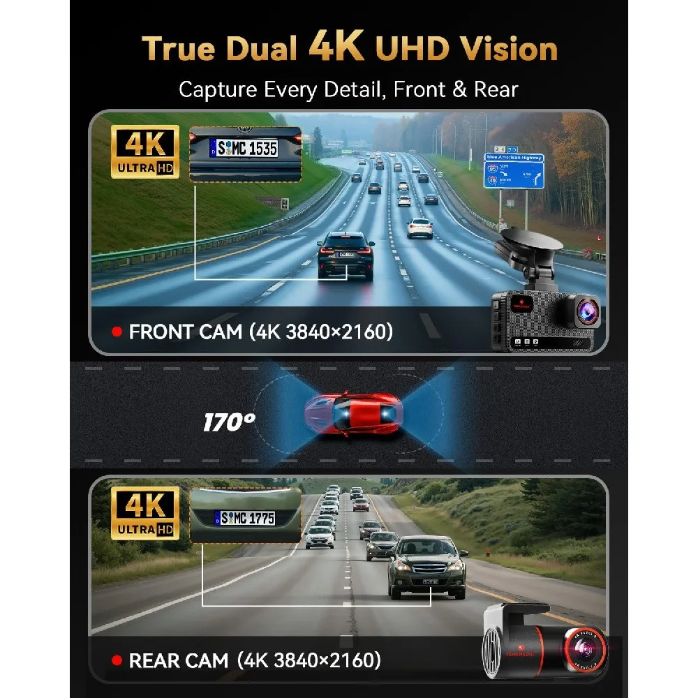 4K Front and Rear Cameras 5.8GHz Car WiFi Camera Built-in GPS Gravity Sensor 170 Wide-Angle 3-Inch IPS Screen 24H Parking Mode