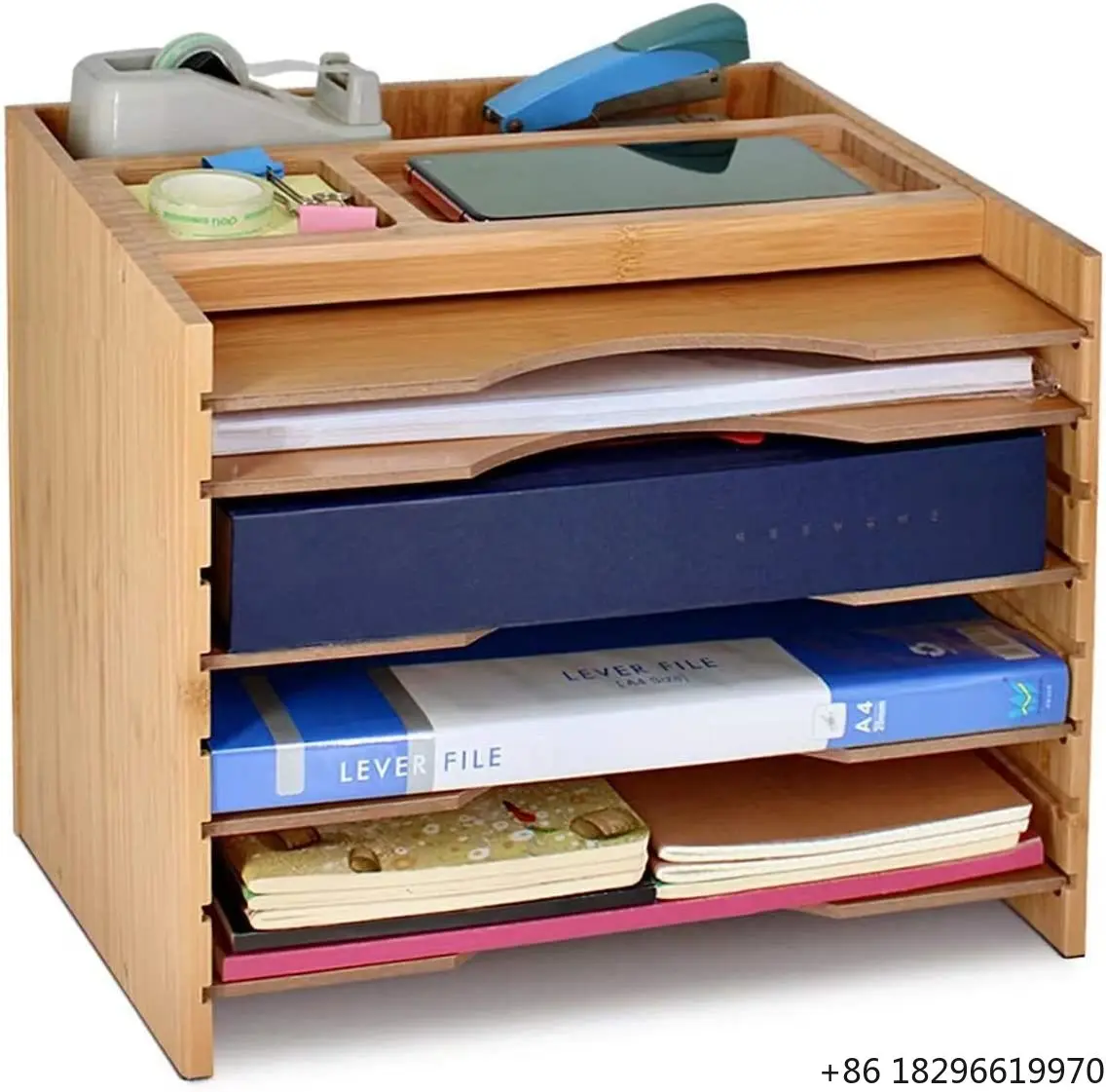 Wooden Letter Tray Mail Organizer Desktop Bamboo File Organizer with 5 Dividers