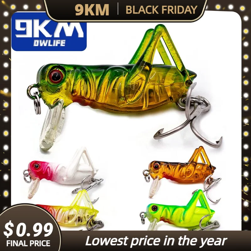 9KM Fishing Lures 3.1g Cricket Shape Lures Crankbait Bass Fishing Hard Baits Saltwater Topwater Cicada Lure with Treble Hook