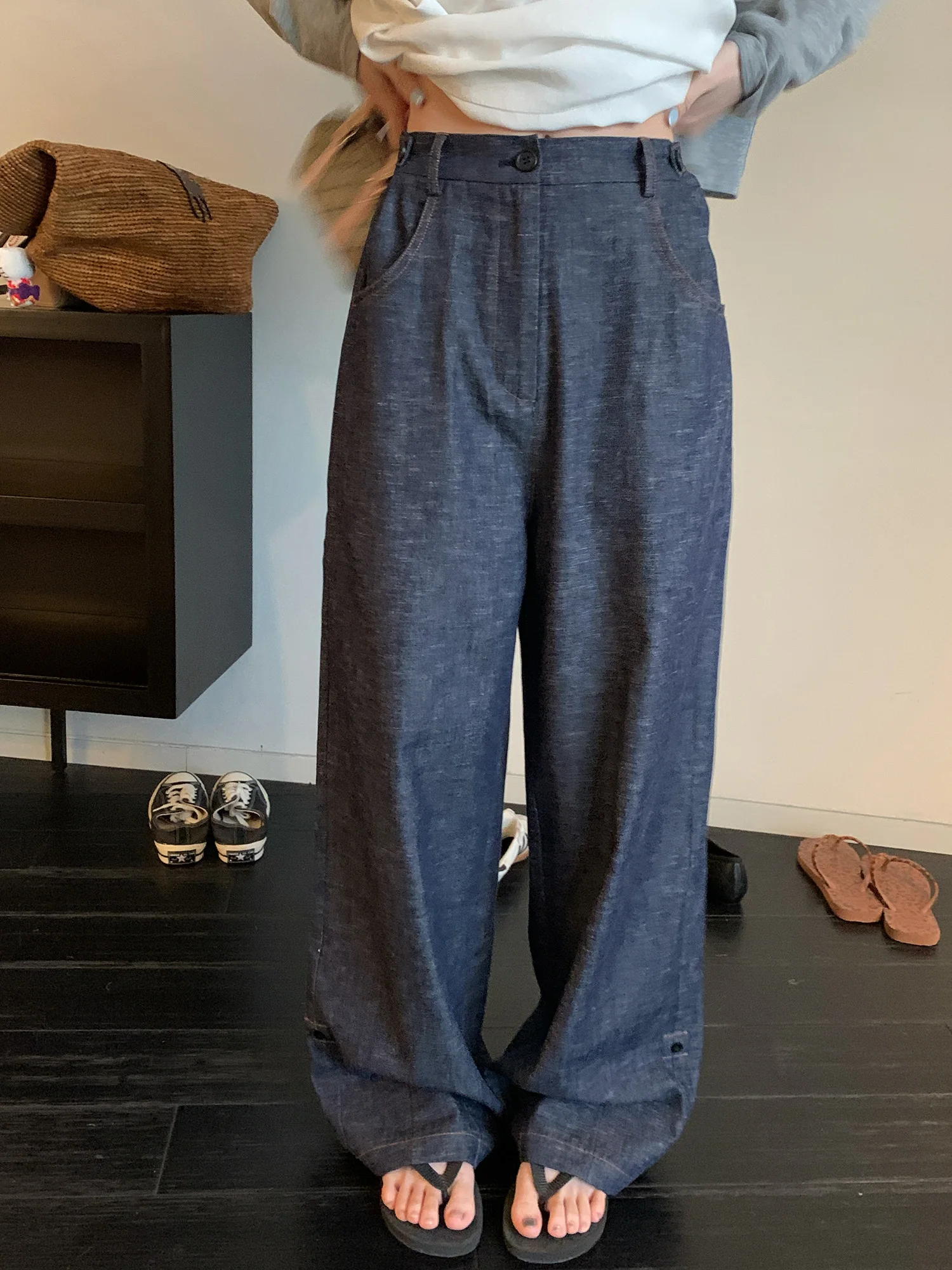 

Женские летние джинсы свободного прямого кроя с широкими штанинами, повседневные, с высокой талией, из синего денима с эффектом потертости, весна-лето