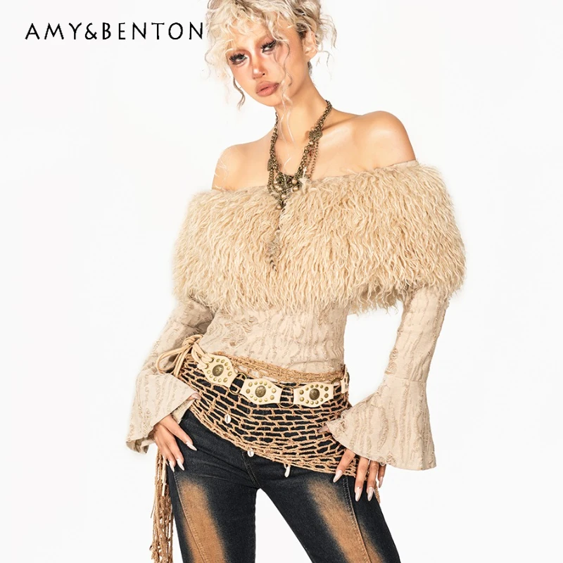 

Vintage Design Light Khaki Sexy Off-Shoulder Long Sleeve Women's T-Shirt Punk Style Gothic Y2K Hot Girl Soft Fur Knit Top Ladies