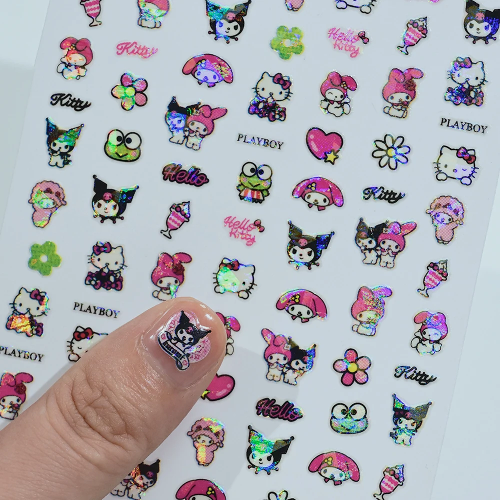1Pcs-3D Holographicเลเซอร์Kuromi & Melody & Kittyสติกเกอร์เล็บการ์ตูนสีชมพู/สีม่วงKuromi,Kittyเล็บDecal DIYเล็บKuromi Slider