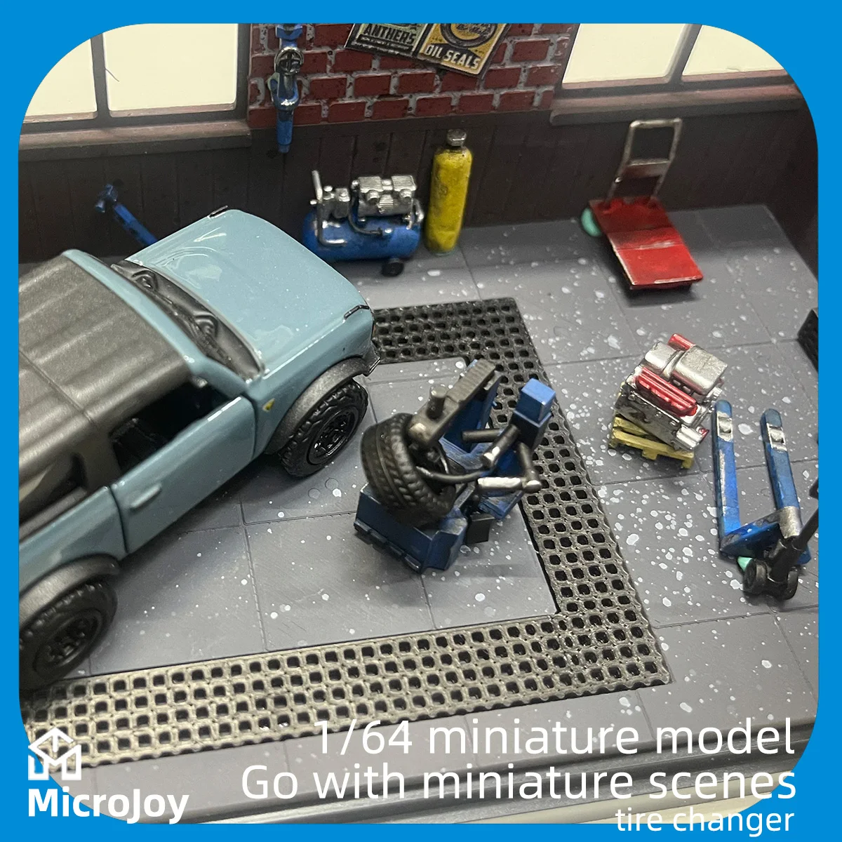 Detailed Scene: 1:64 Scale Miniature Model Repair Workshop Tire Changer Machine Mini Ornament Car Model Scene with Vintage Layout