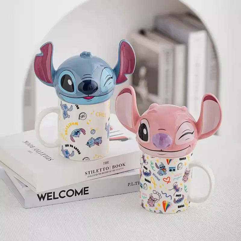 

Cute cartoon star baby Stitch ange couple mug ceramic cartoon print Stitch with lid water cup home office cup gifts