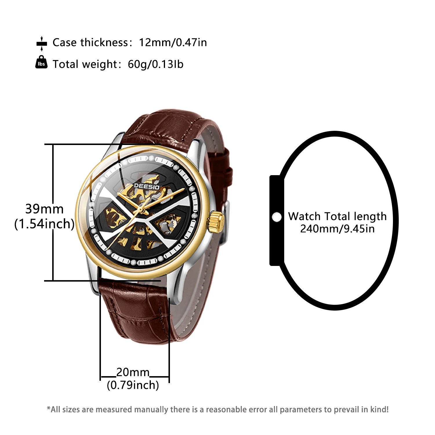 นาฬิกาข้อมือผู้ชาย Dessio ระบบอัตโนมัติ กลไกไขลานอัตโนมัติ ตัวเรือนสแตนเลสแบบโปร่ง สายหนังแท้ เรืองแสง สไตล์สปอร์ต หรูหรา