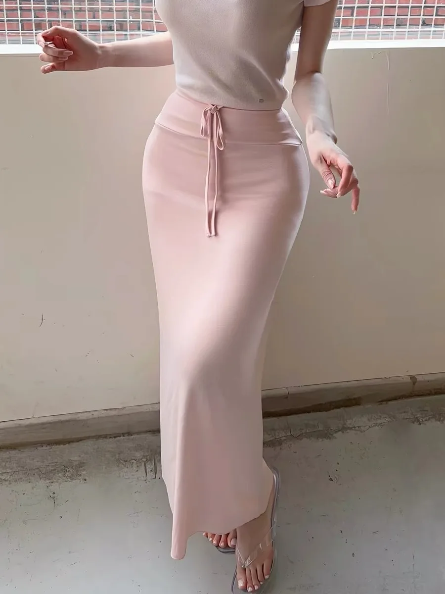 Elegant Pure Desire Elastic Waist Drawstring Women's Midi Skirt High Waist Cotton Blend Micro Stretch Bodycon Skirt