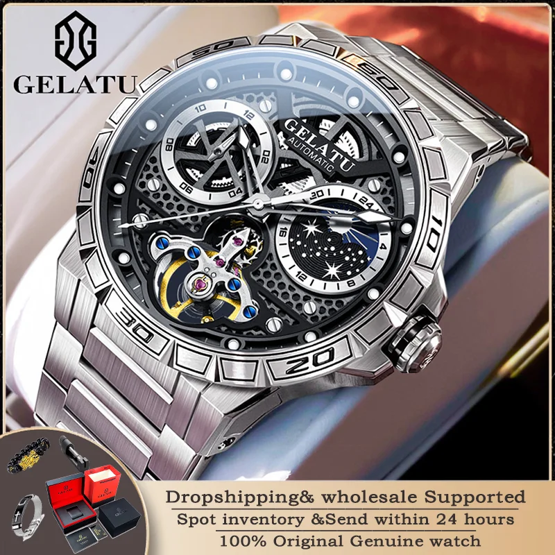 GELATU 6020 Luxury Multi functional Trendy Men\'s Watch Skeleton Waterproof Starry Sky dial Brand Automatic Mechanical Men Watch