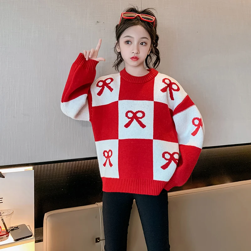 Elegant Children Spring Autumn Red Plaid Sweater with Bows for Girls Fashion Design Knitwear Clothing Kids Casual Knitwear 4-14Y