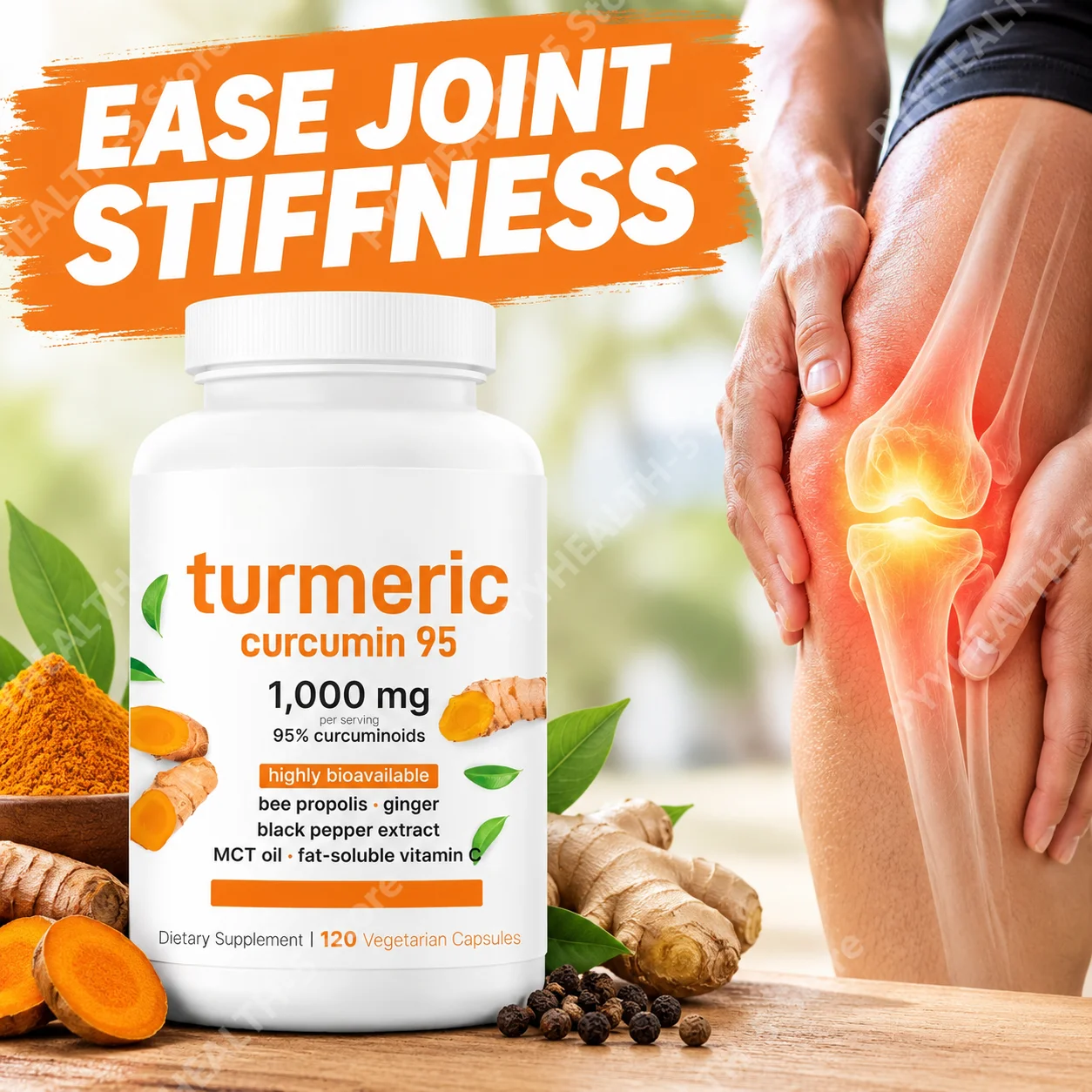Turmeric Curcumin 95% Capsules Ease Joint Stiffness Soreness, Elevate Antioxidant Levels Black Pepper Ginger 120 Veggie Count