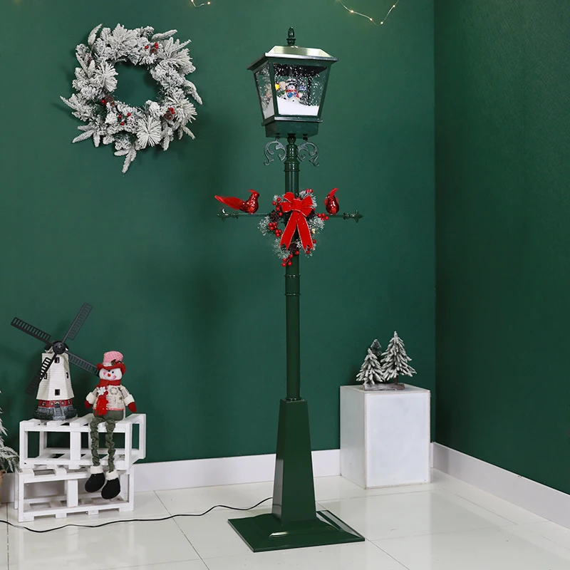 Simulation cast iron flower design Xmas decor snowing light Outdoor park street decorative Vintage Christmas lamp post