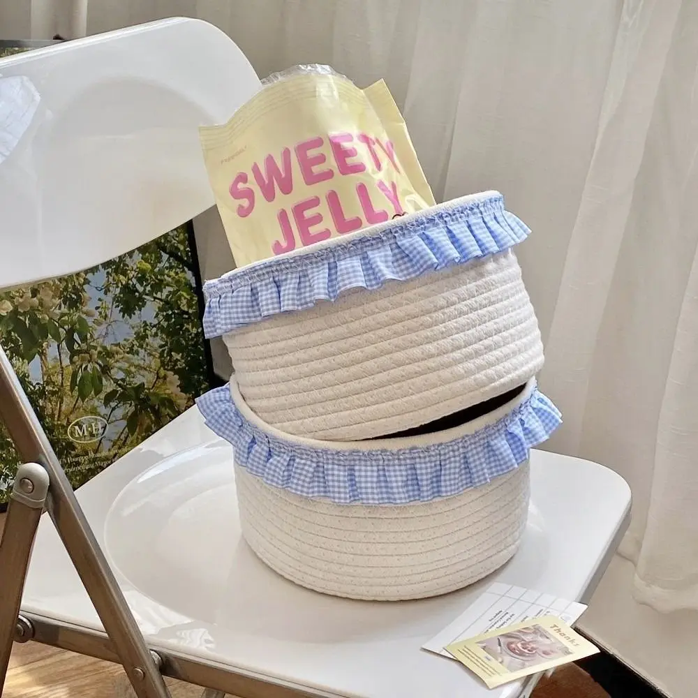 Trendy Blue Sundries Storage Baskets Cotton Rope INS Lace Snacks Basket Cloth Organizer Cute Desktop Organizer Box Bedroom