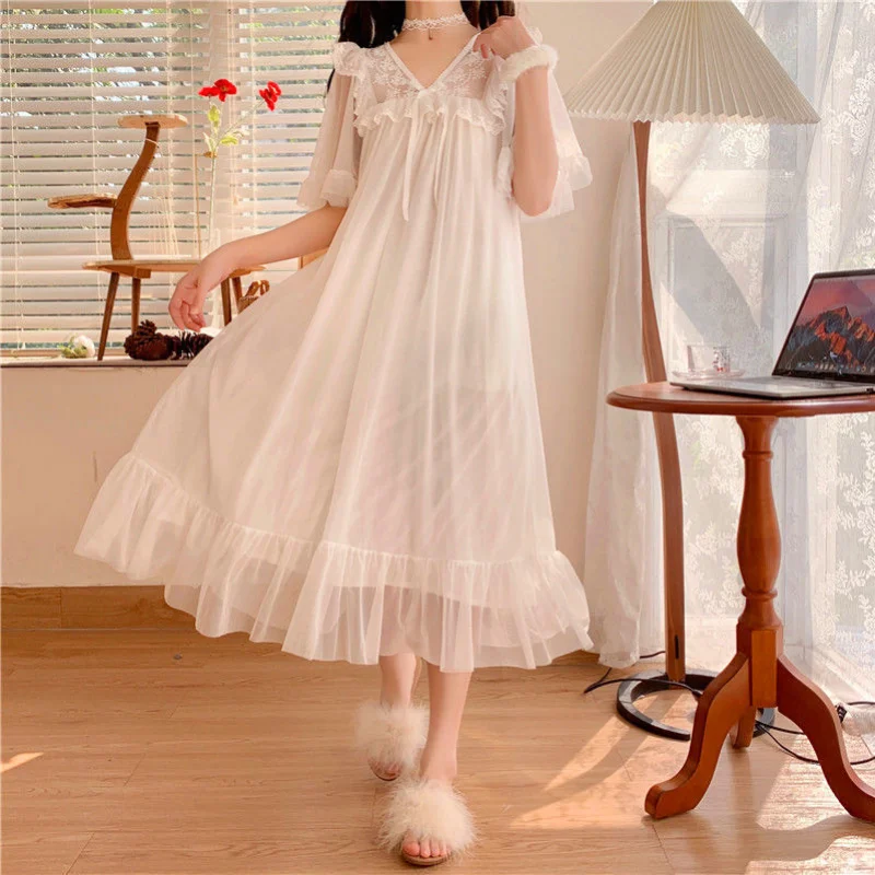 

Nightgowns Women V-neck Temperament Stylish Femme Ruffles Chic Lovely Girls Summer Solid Sleepwear Thin Popular Korean Aesthetic