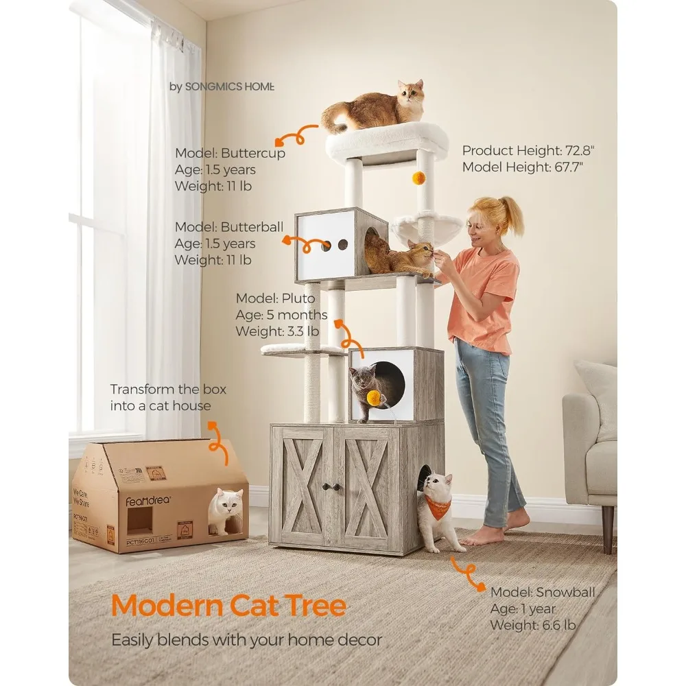 

Cat Tree 2-in-1 Modern Cat Tower 72.8-Inch Tall Cat Condo with Scratching Posts Perch Caves Basket Washable Cushions