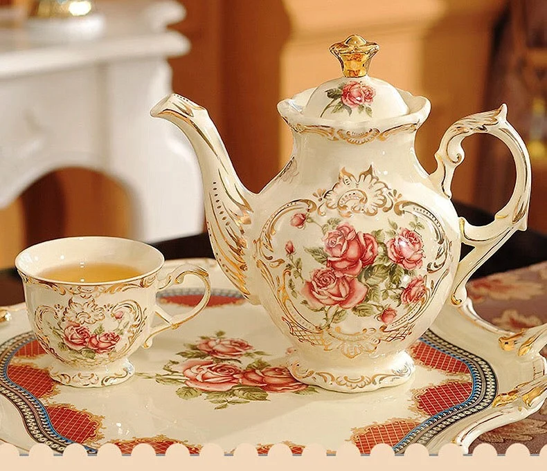 Juego de café de porcelana de estilo europeo con bandeja de cerámica, decoración de diseño floral de alta calidad, juego de té