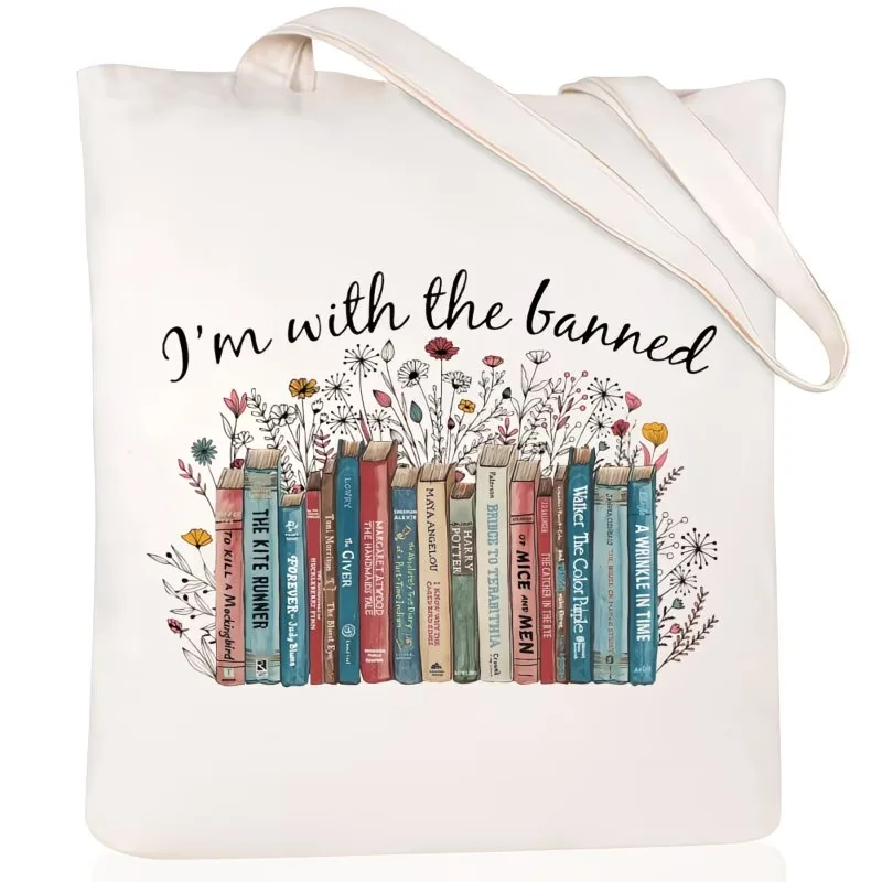 I'm With The Banned Books Tote Bag Reusable Canvas Bag with Book Print for Book Lovers and Readers