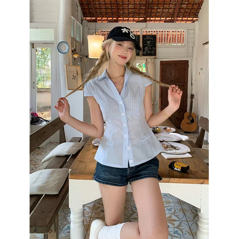 قمصان هاراجوكو صيفية جديدة للسيدات بلوزات كورية عصرية بأشرطة على شكل فيونكة وأكمام قصيرة غير رسمية قطع علوية Y2k ضيقة