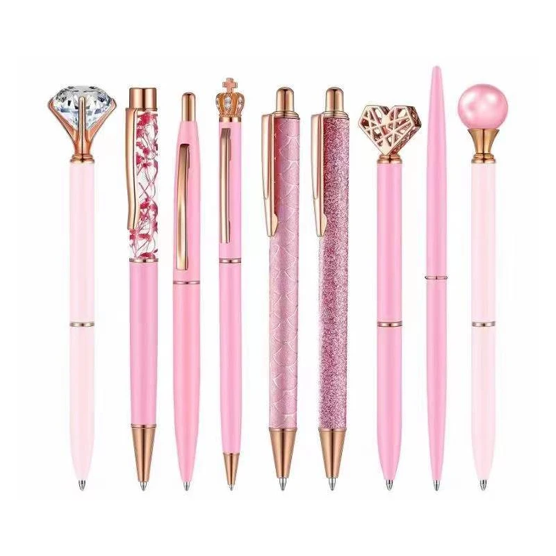 9pcs Custom Logo Same Color Pen Set Diamond Ballpoint Pen Student Business Office Metal Pen Luxury Engraving Name Gift Pen Set