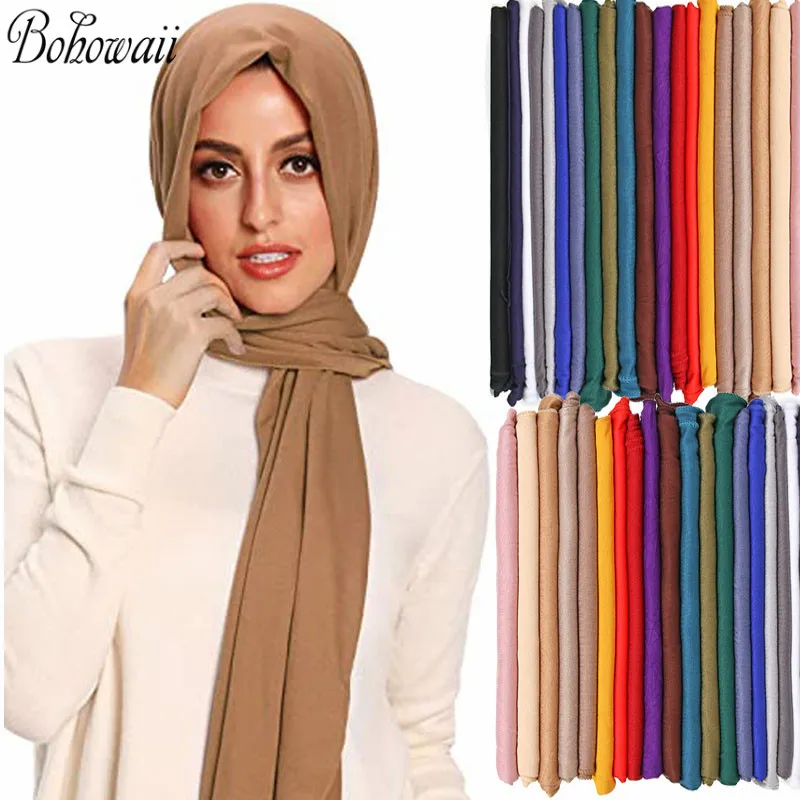 BOHOWAII muzułmańska koszulka Hijabs Casual zwykły długi szal na głowę szalik dla kobiet oddychająca Foulard Femme hidżab 180X80cm