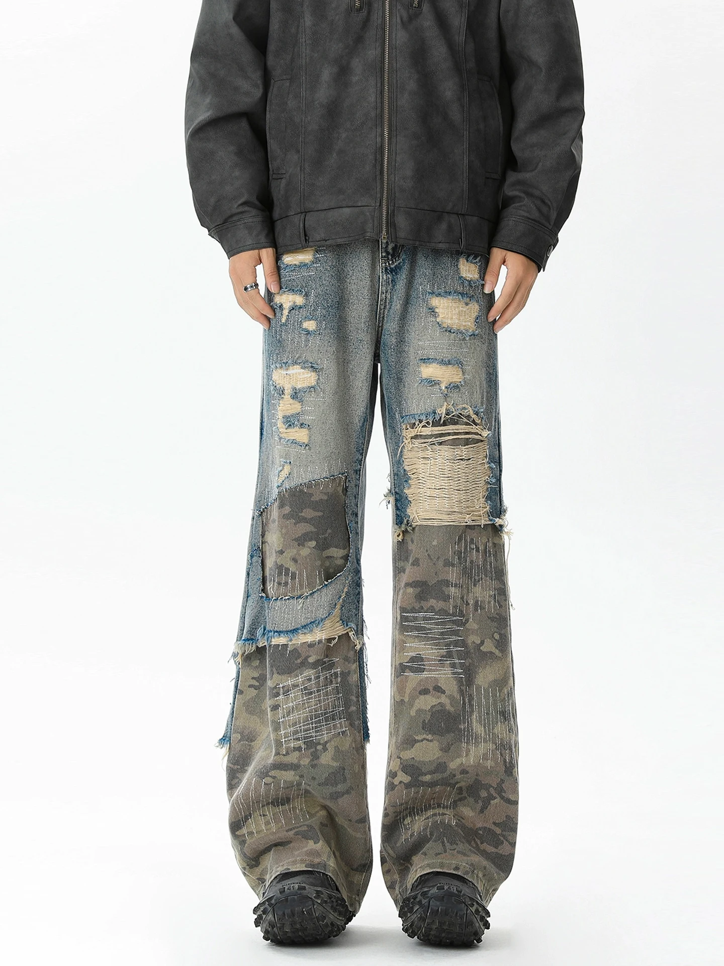 

Американские джинсы High Street Waed Heavyweight Camouflage для мужчин, в стиле хип-хоп, модные, брендовые, с пэчворком, свободные, винтажные, широкие брюки