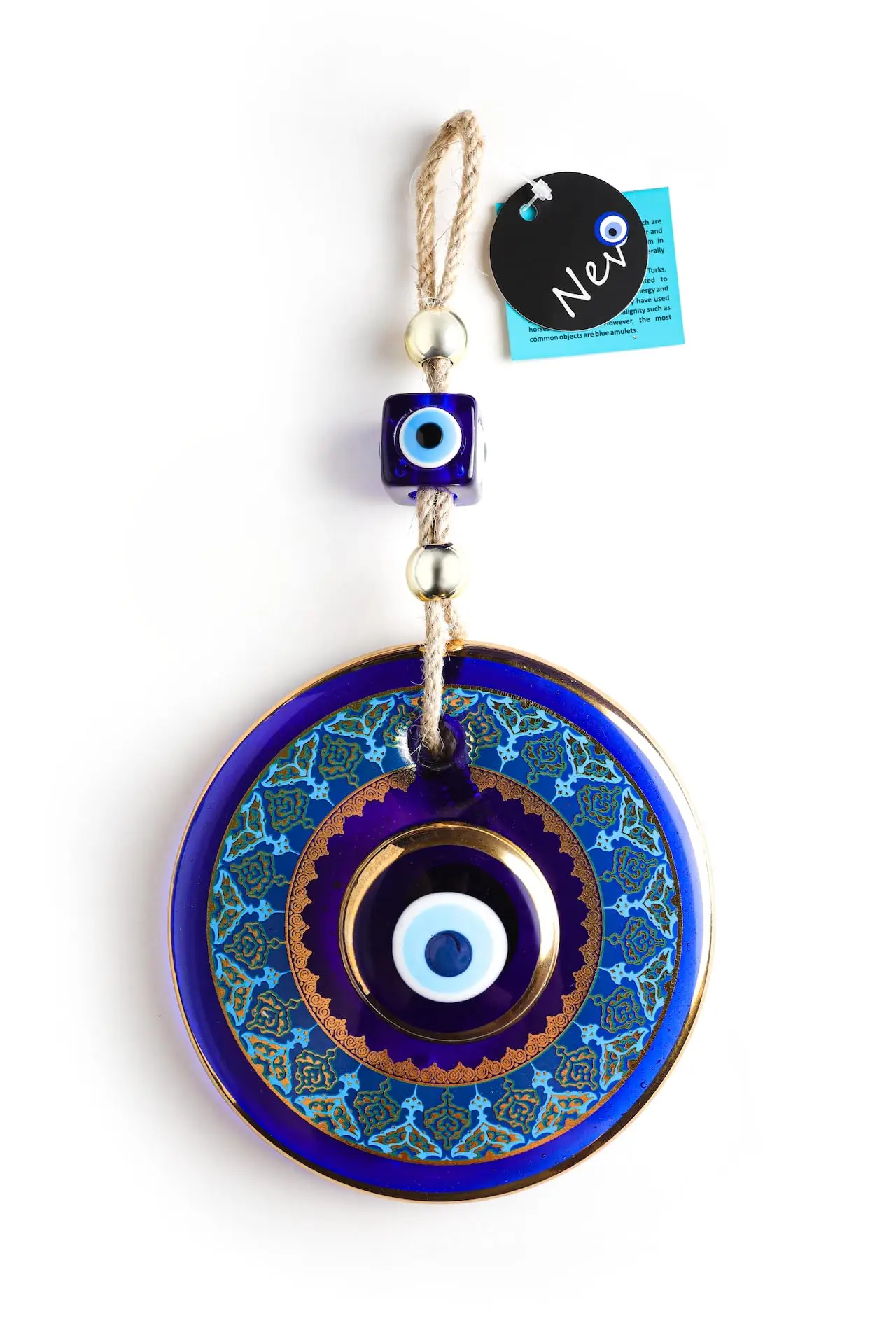 

Handcrafted Evil Eye Wall Hanging Decor With Blue Motifs And Gold Trim